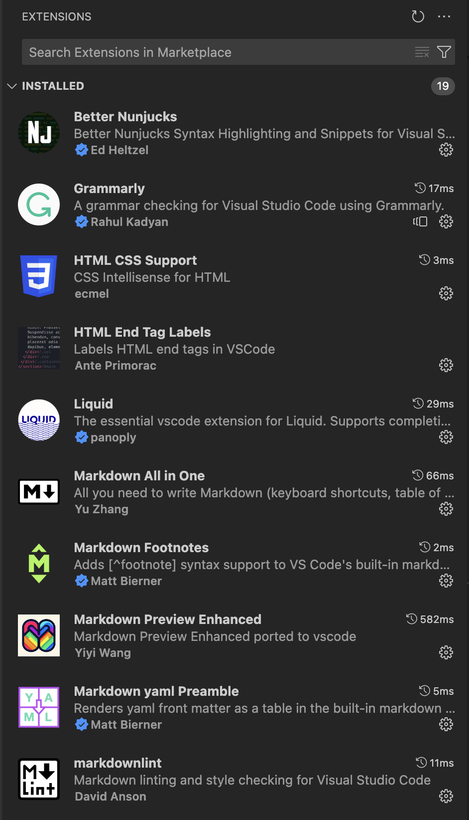 my Microsoft Visual Studio Code Extensions list