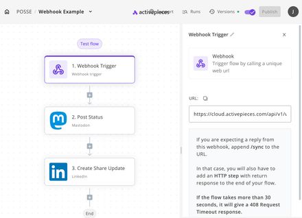 Activepieces Flow using a Webhook input to both Mastdon and Linkedin