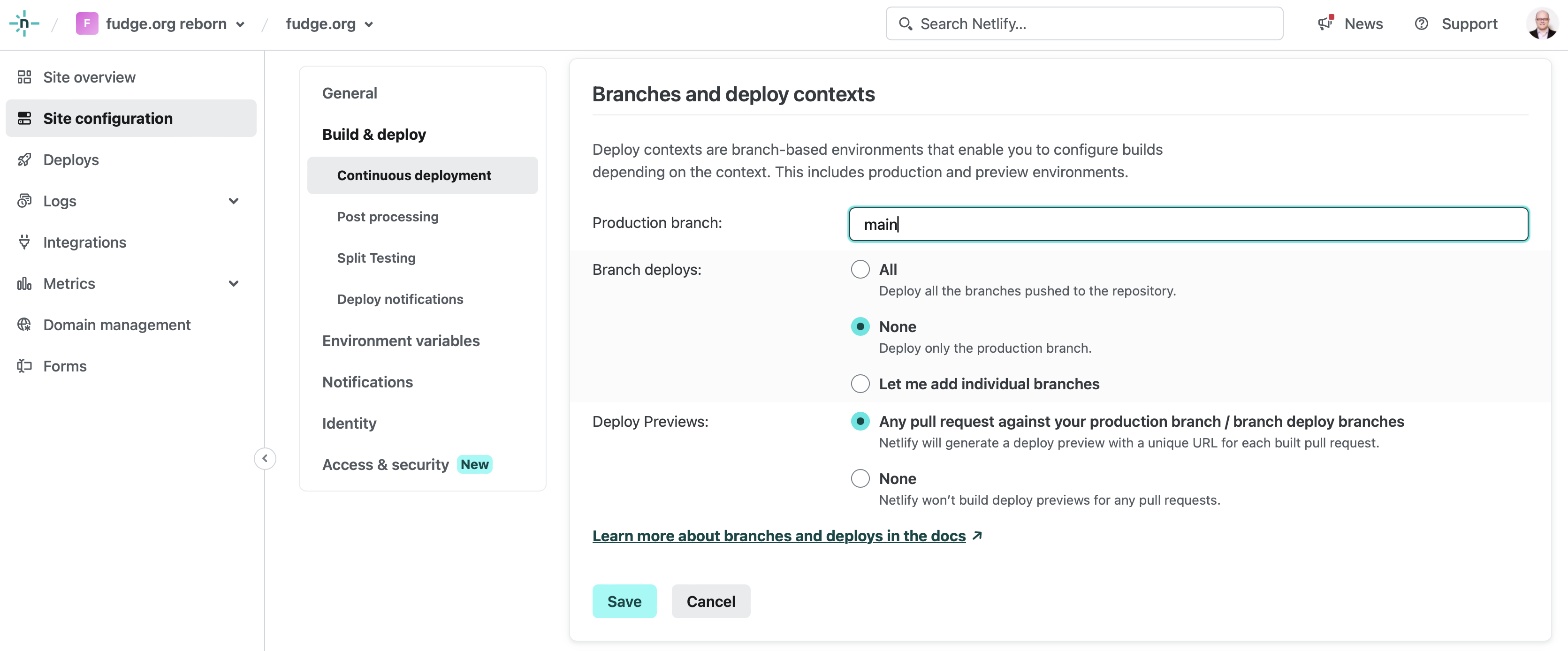 Branches and deploy contexts within Site Configuration on Netlify