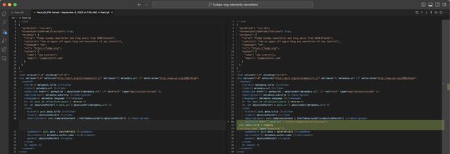 Visual Studio Code diff of feed.njk